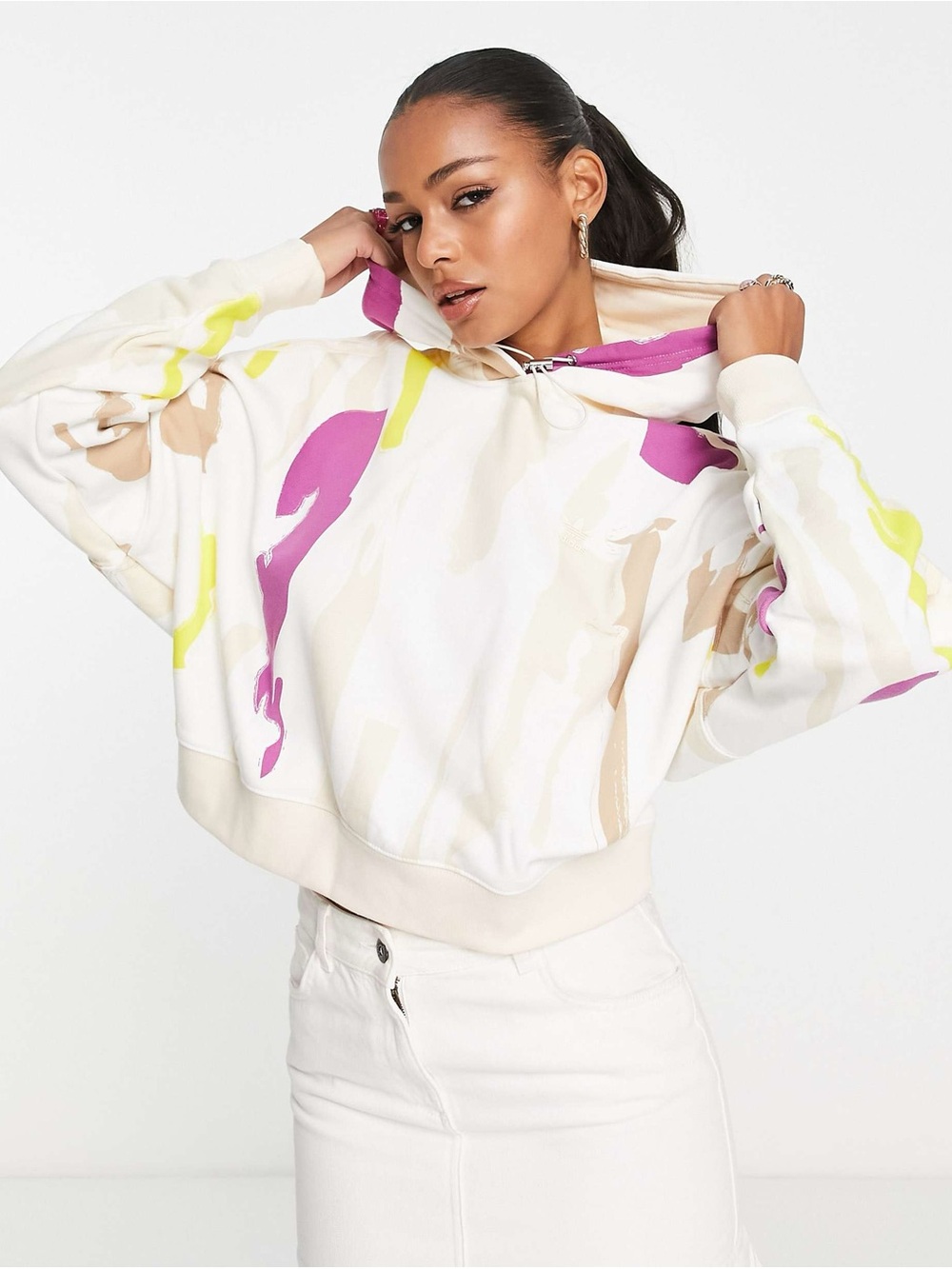 adidas x Thebe Magugu Pullover Hoodie Womens L Abstract White Beige 3-Stripes